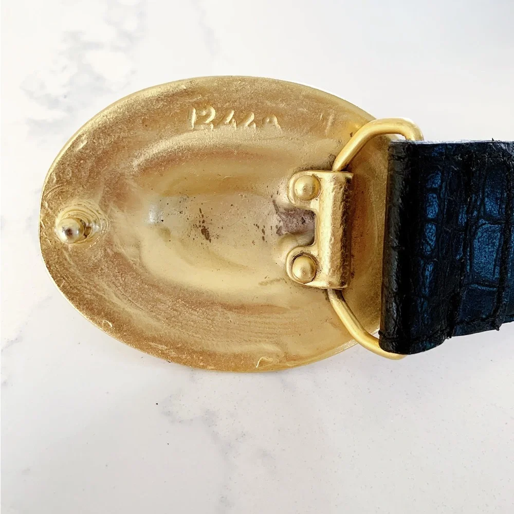 Exclusive Crocodile Pattern Italian Leather Belt With Gold Toned Oval Bu…